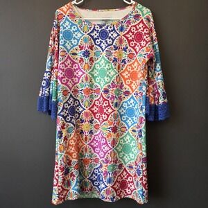 Judith March Women's Rainbow Tile Print Shift Dress Size L Lace Bell Sleeve Boho